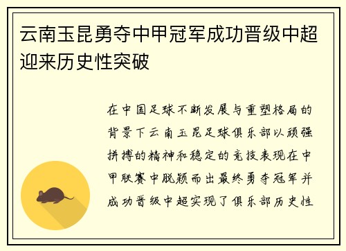 云南玉昆勇夺中甲冠军成功晋级中超迎来历史性突破 云南玉昆勇夺中甲冠军成功晋级中超迎来历史性突破